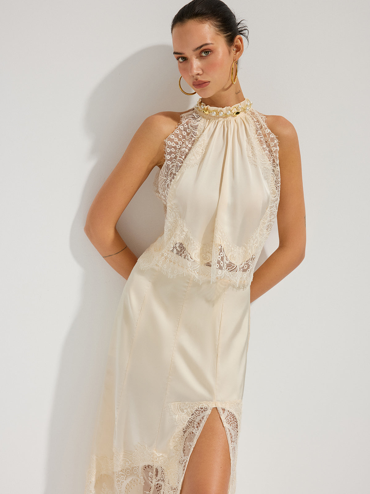 Satin Lace Trim Top & Asymmetrical Skirt Set