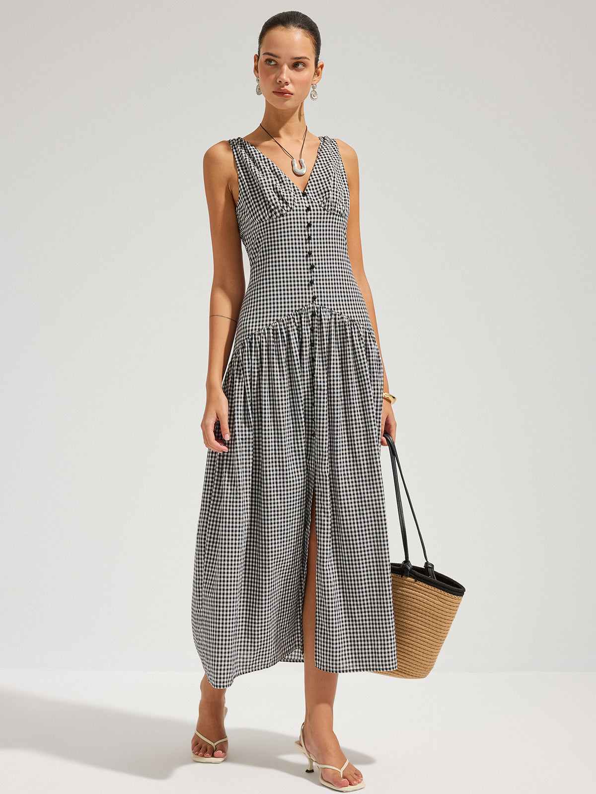 Robe longue sans manches en coton à col en V et à carreaux vichy