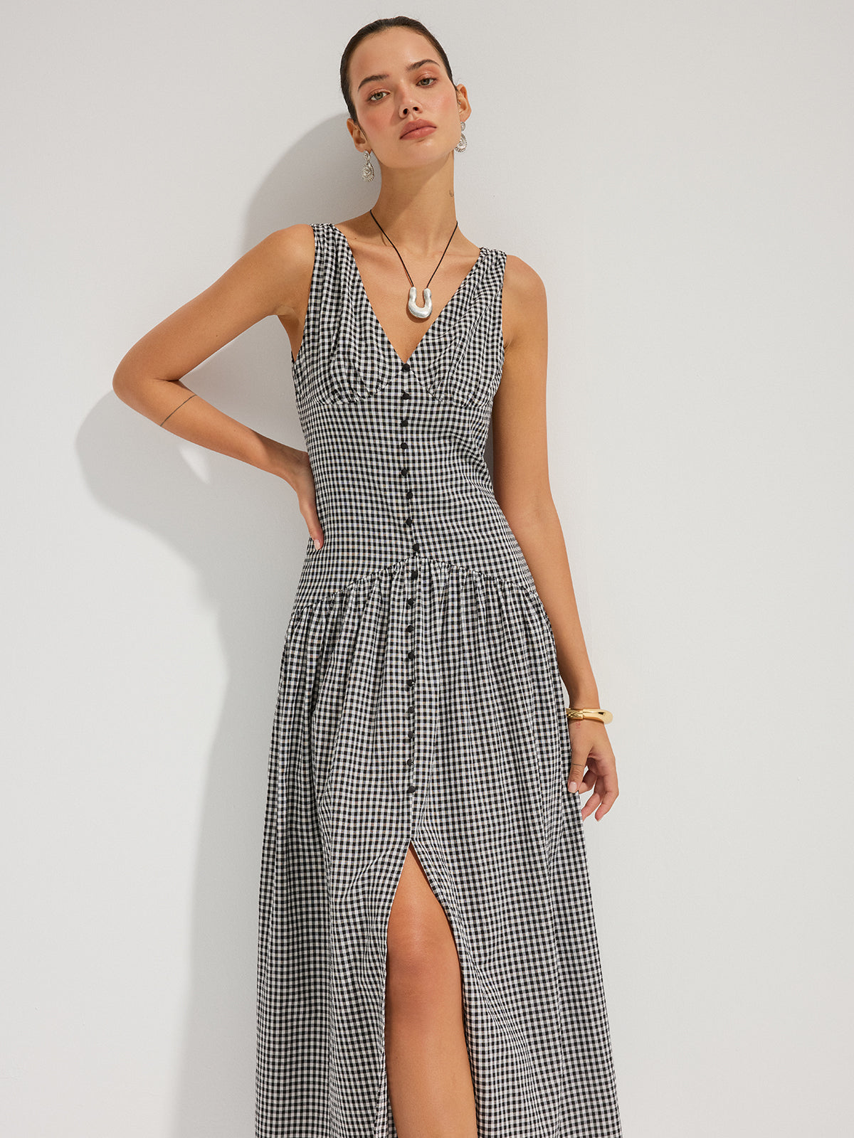Robe longue sans manches en coton à col en V et à carreaux vichy