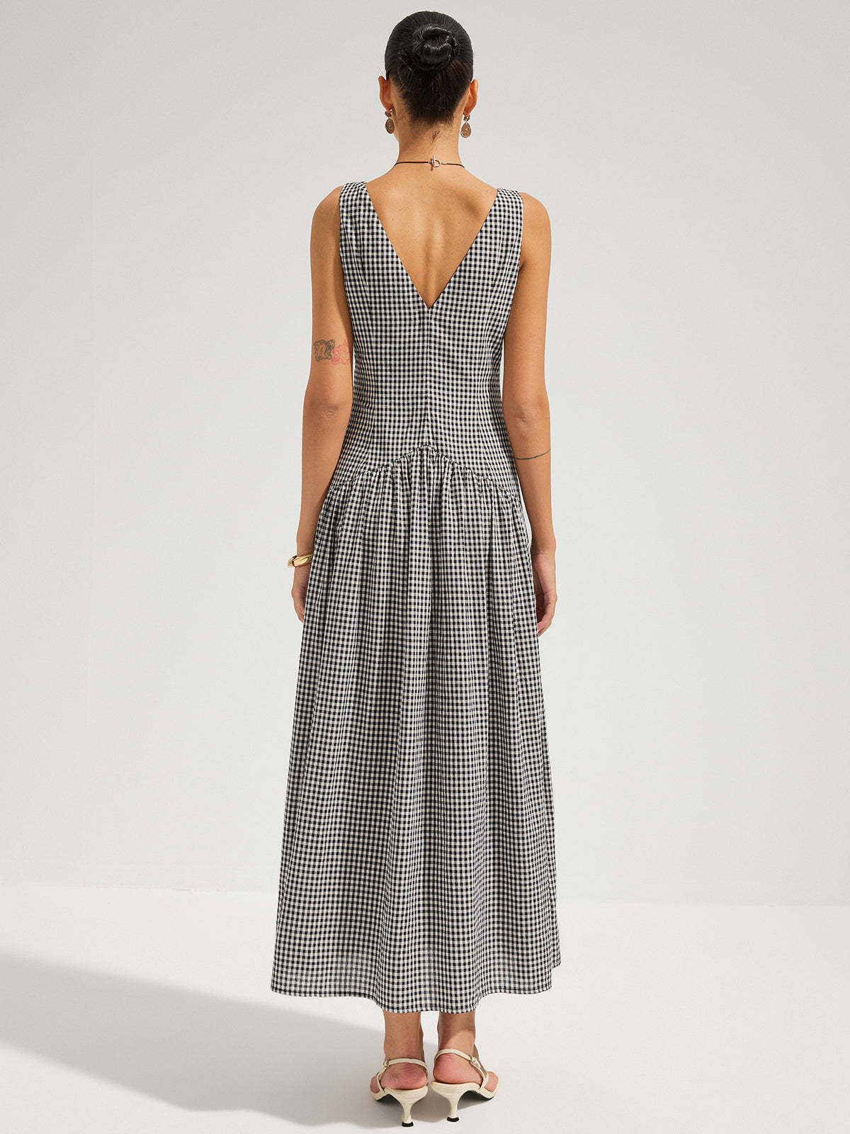 Robe longue sans manches en coton à col en V et à carreaux vichy