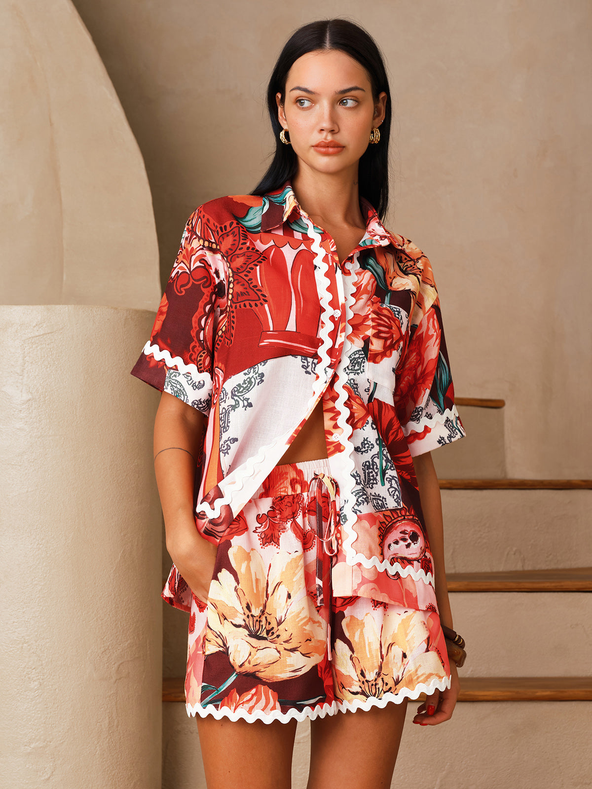 Floral Print Shirt & Drawstring Shorts Set