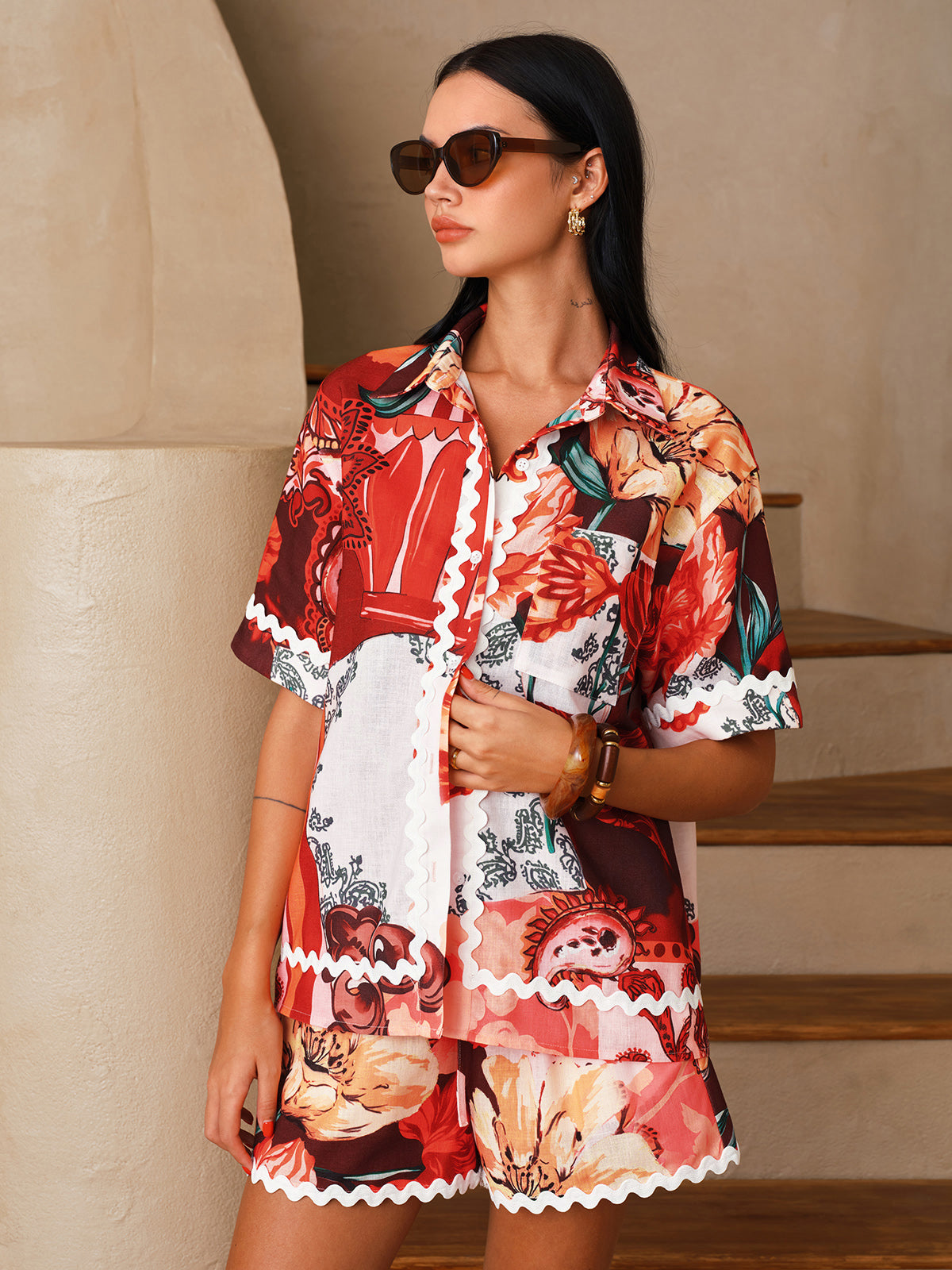 Floral Print Shirt & Drawstring Shorts Set