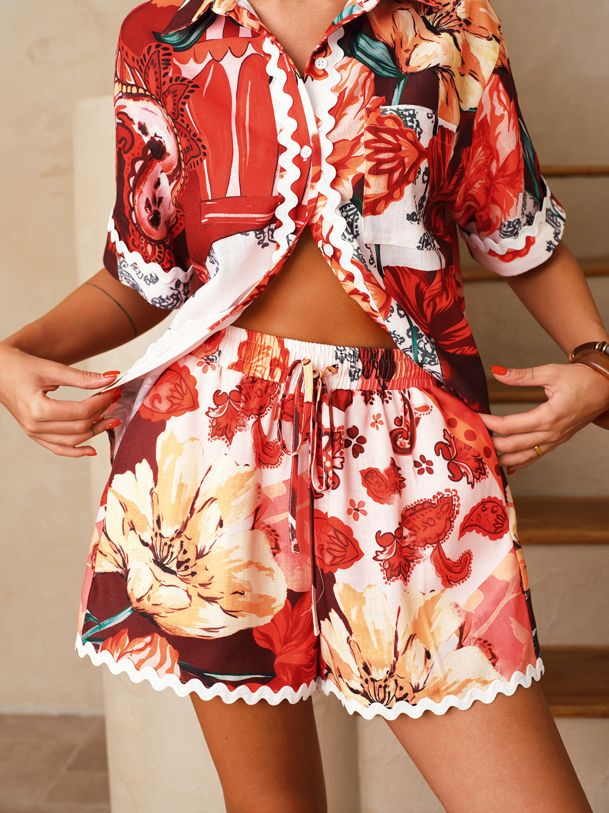 Floral Print Shirt & Drawstring Shorts Set