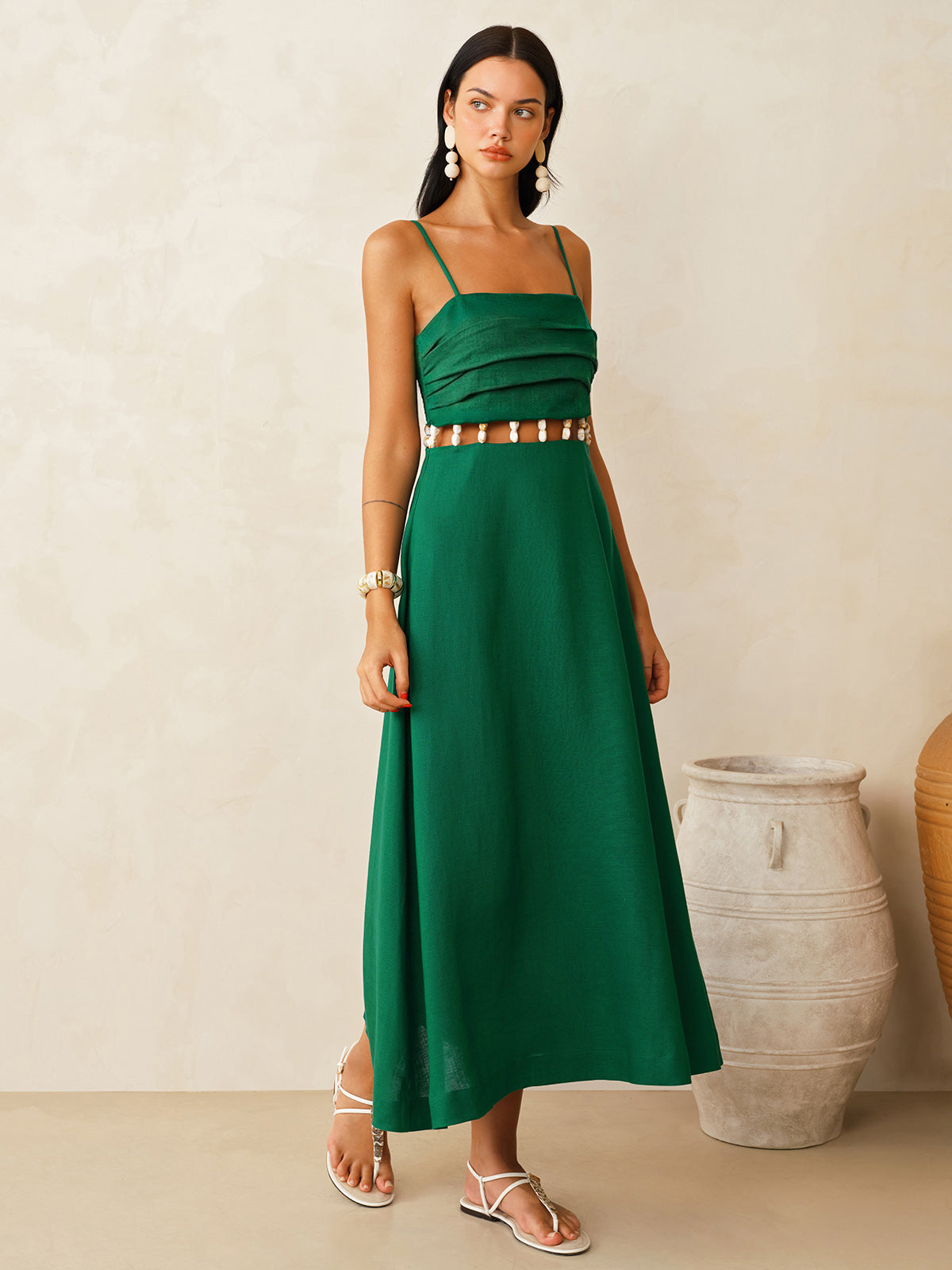 Midi-Kleid mit Camisole, Leinengemisch und Cut-Out an der Taille