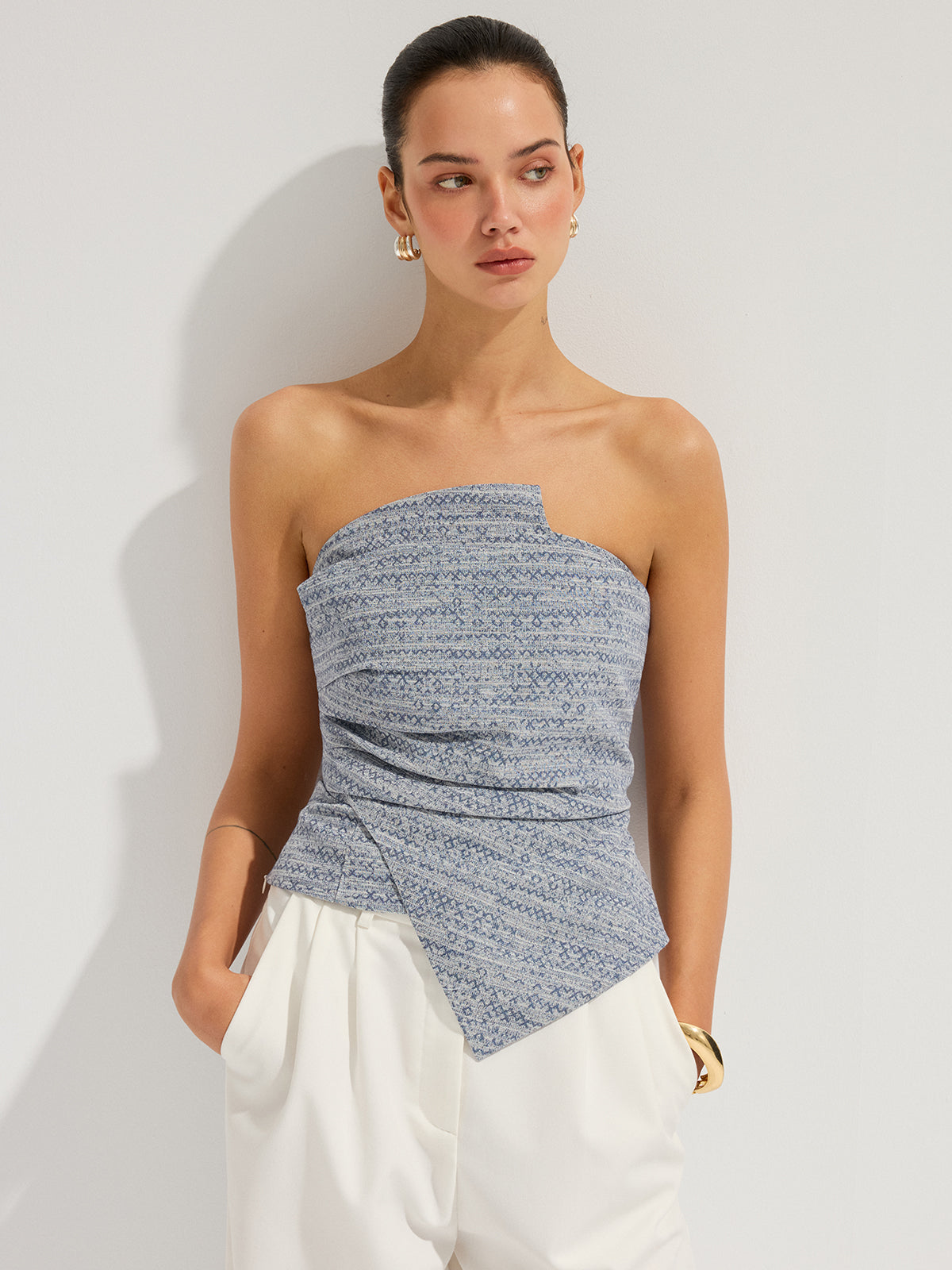 Haut bandeau ruché à imprimé géométrique