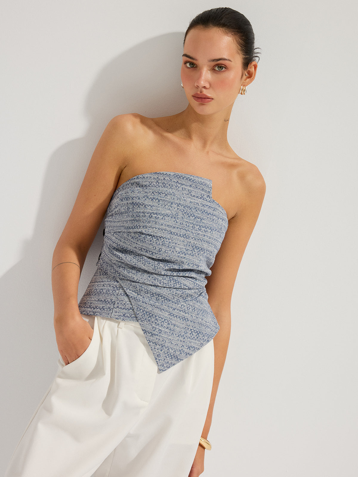 Haut bandeau ruché à imprimé géométrique