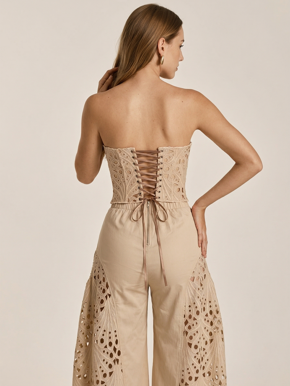 Strapless Eyelet Top & Wide Leg Pants Set