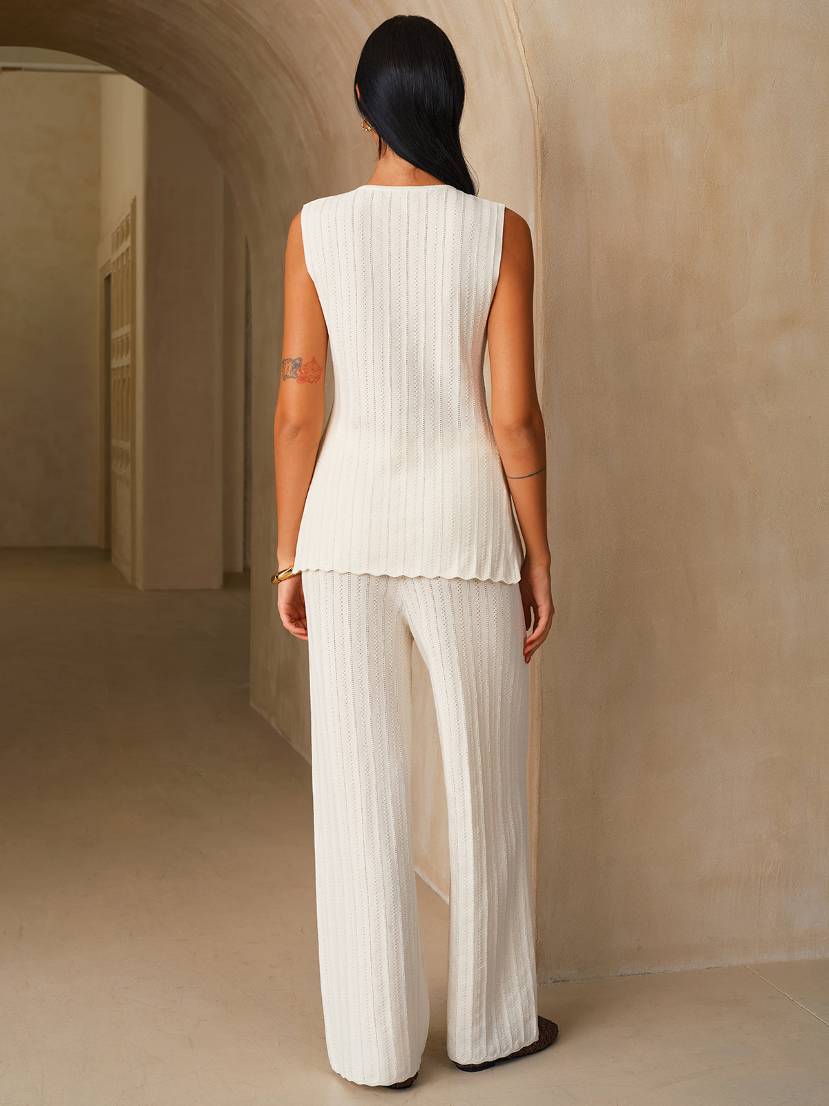 Beaded Open-Knit Sleeveless Top & Pants Set