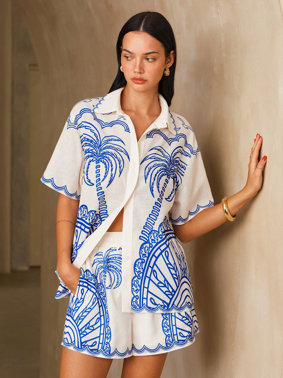 Palm Tree Print Shirt & Shorts Set