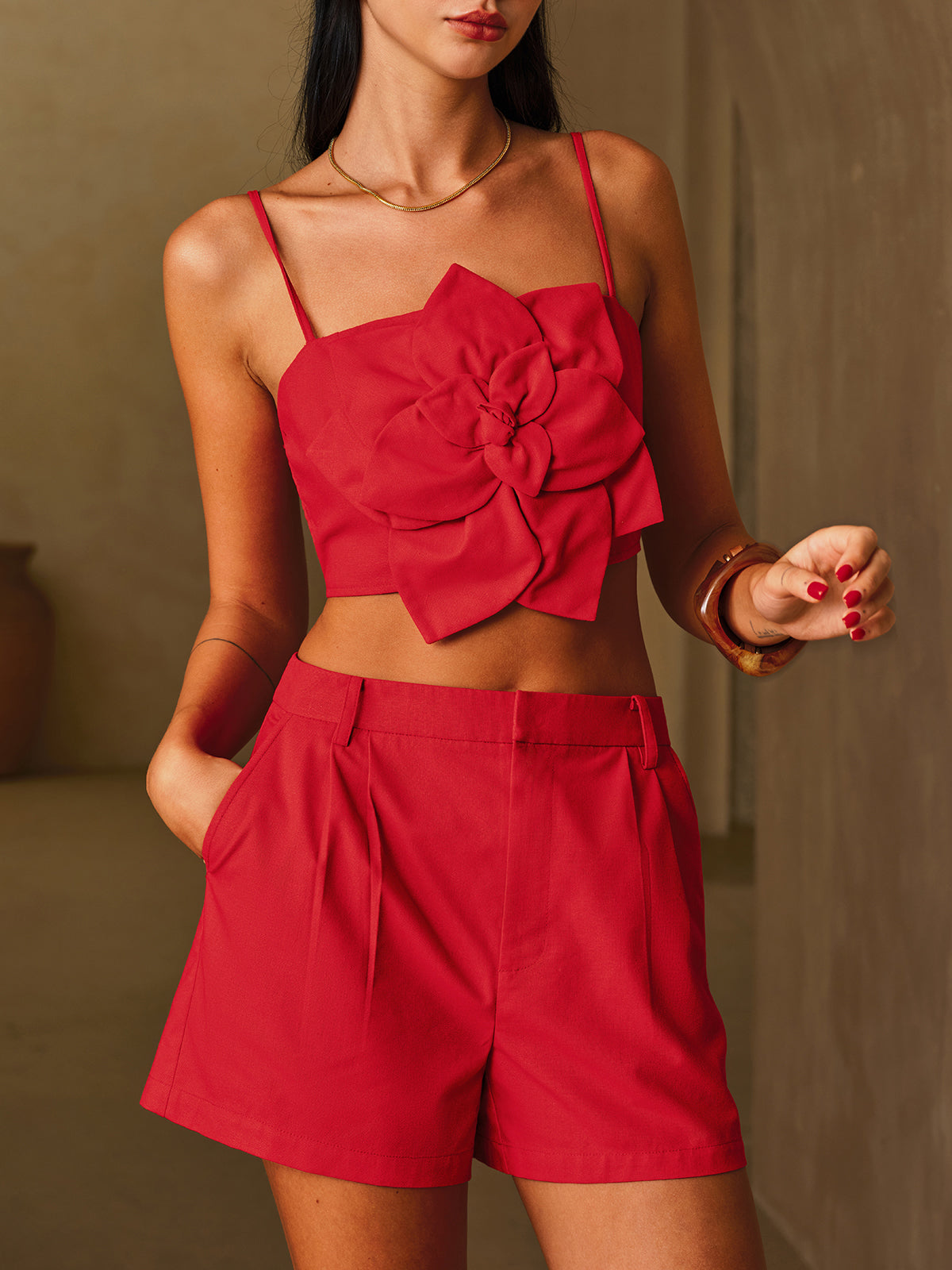 3D Flower Cotton Linen Cami Top & Shorts Set