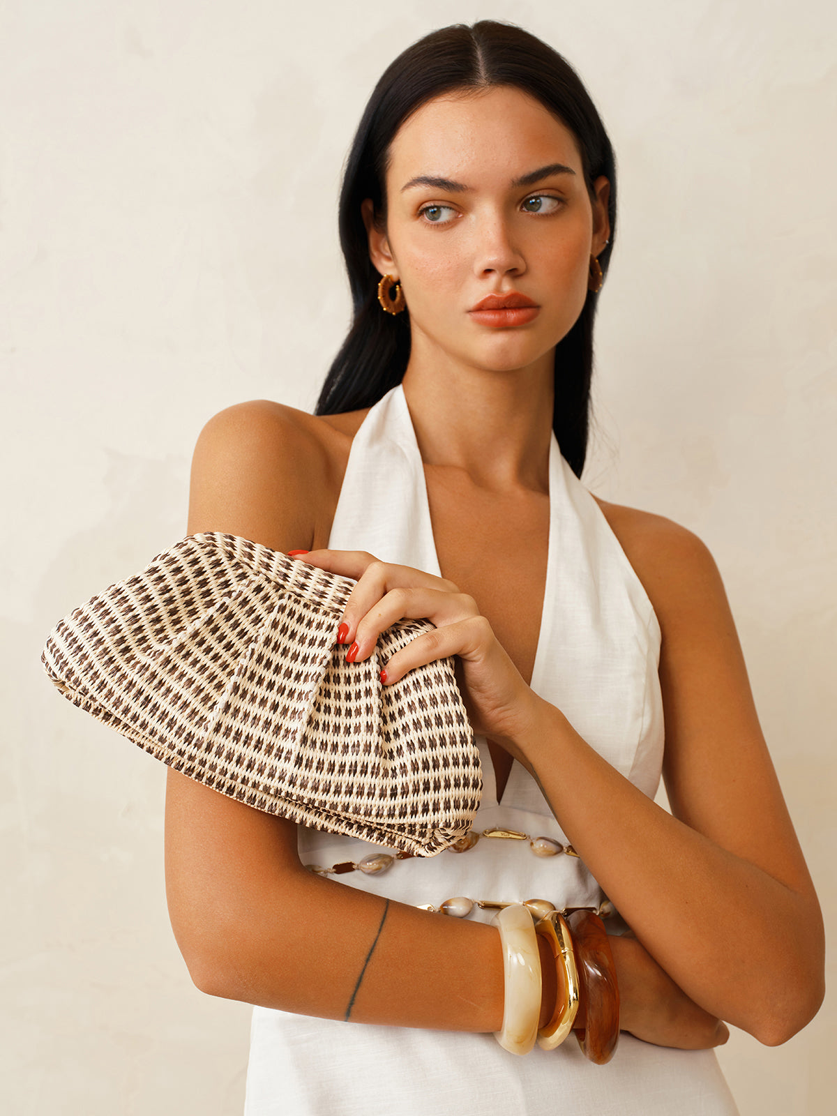 Houndstooth Woven Ruched Clutch Bag