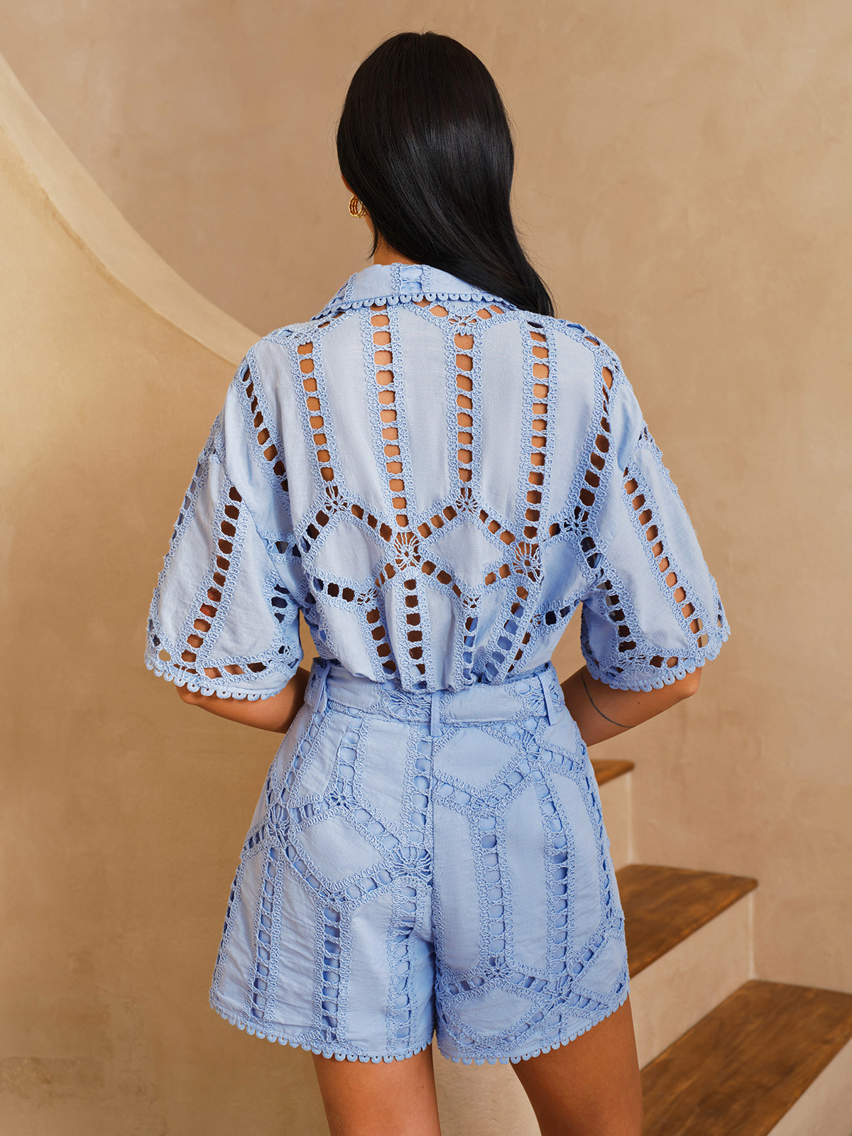 Eyelet Embroidery Mid-Waist Belted Shorts