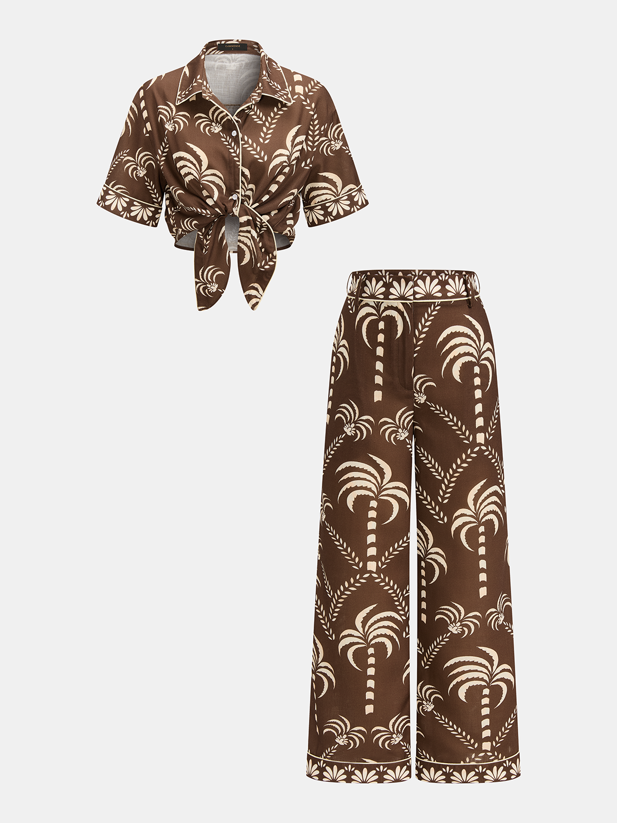 Palm Tree Print Tie-Front Shirt & Pants Set