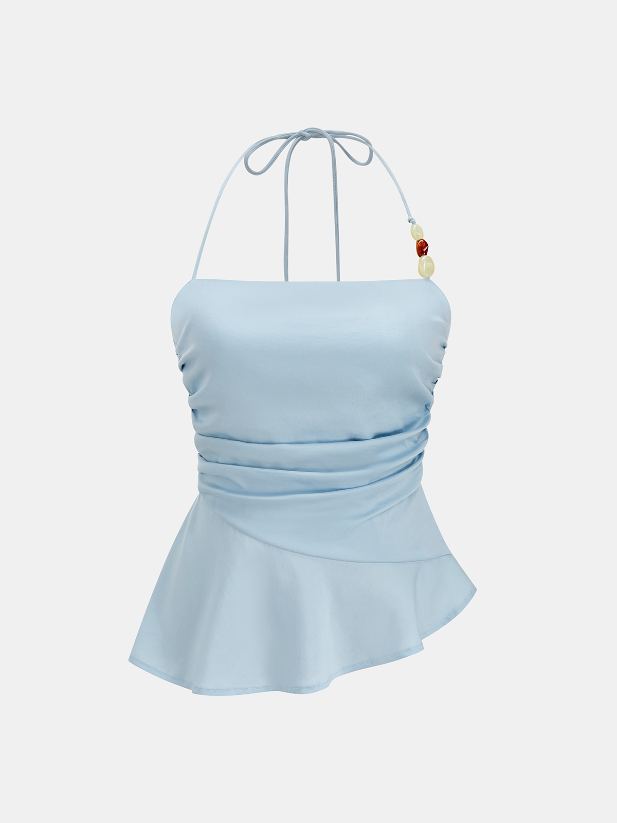 Bead Detail Tencel Ruched Halter Peplum Top