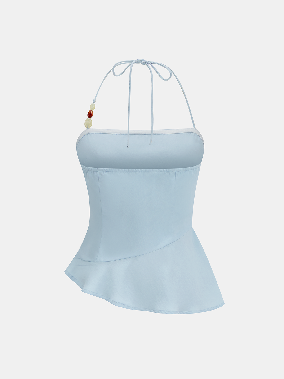 Bead Detail Tencel Ruched Halter Peplum Top