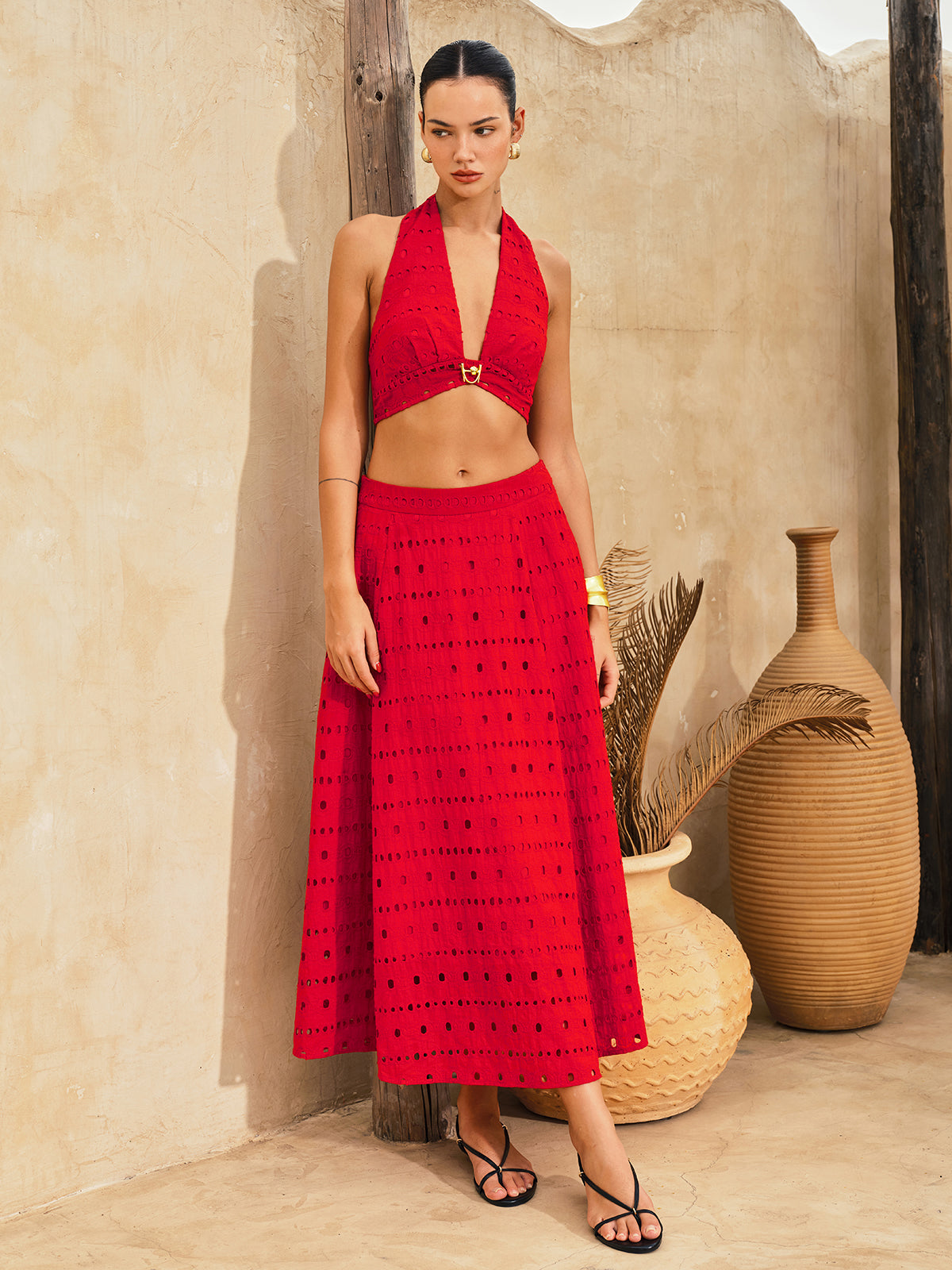 Eyelet Halter Crop Top & Maxi Skirt Set