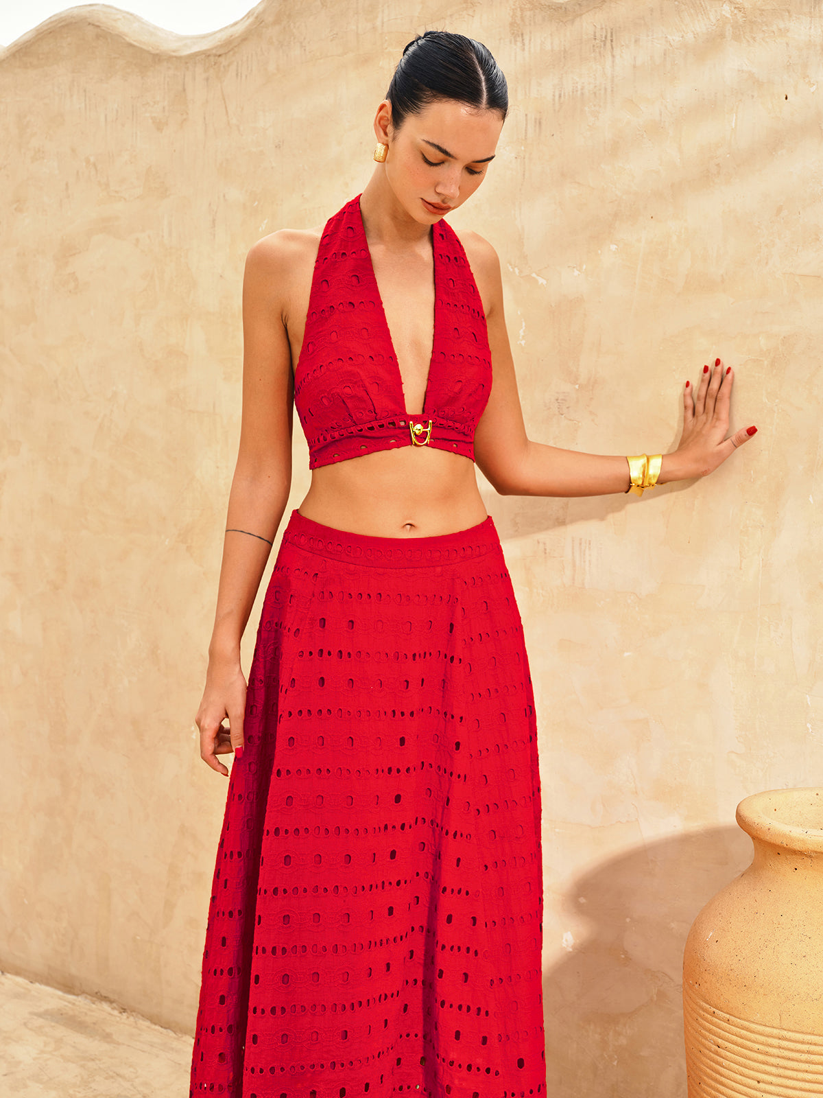Eyelet Halter Crop Top & Maxi Skirt Set