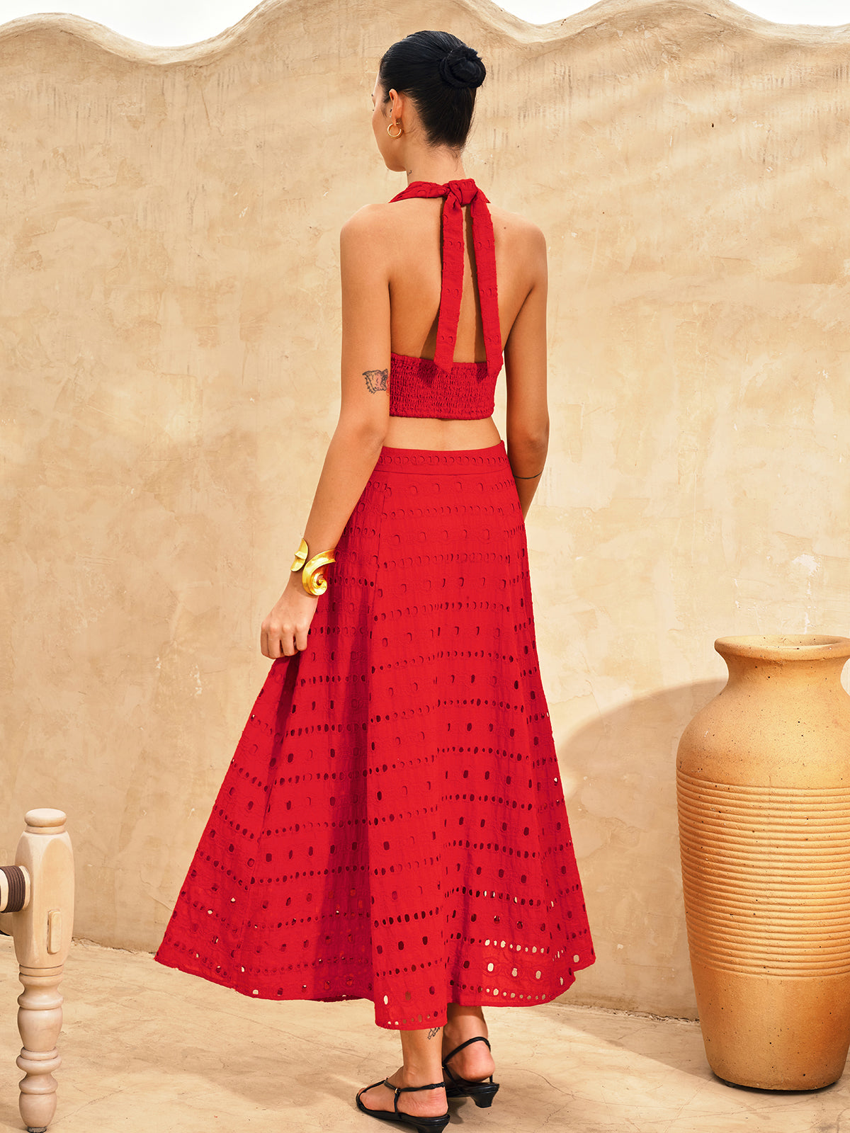 Eyelet Halter Crop Top & Maxi Skirt Set