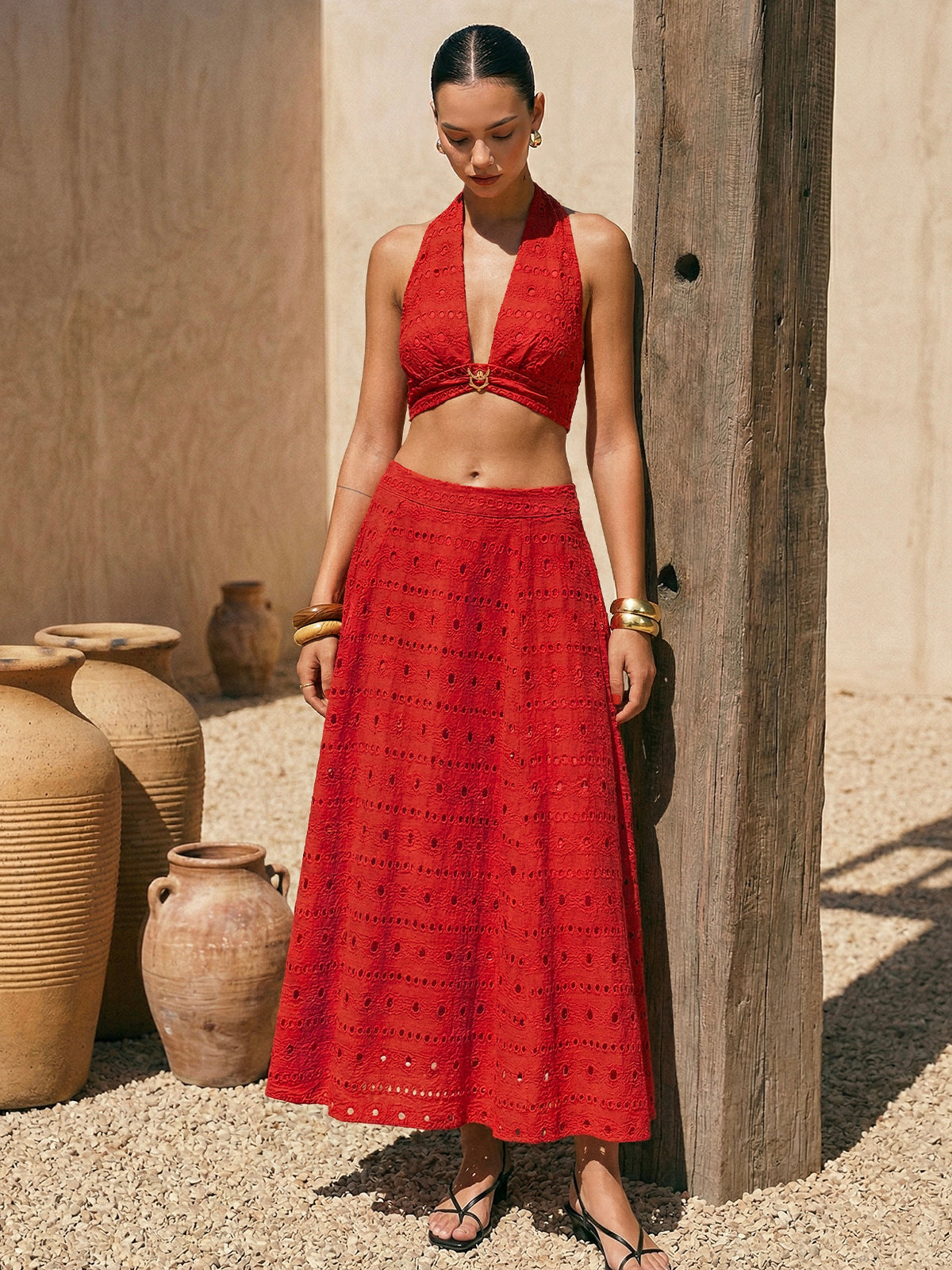 Eyelet Halter Crop Top & Maxi Skirt Set