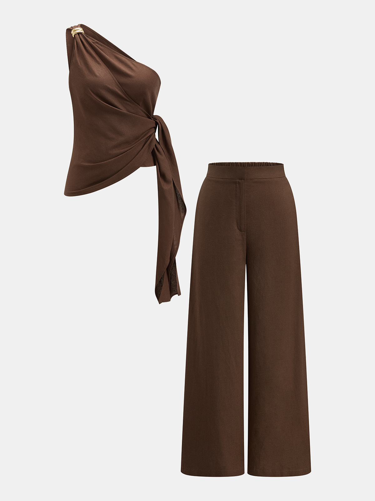 One-Shoulder Metal Detail Tie Top & Pants Set