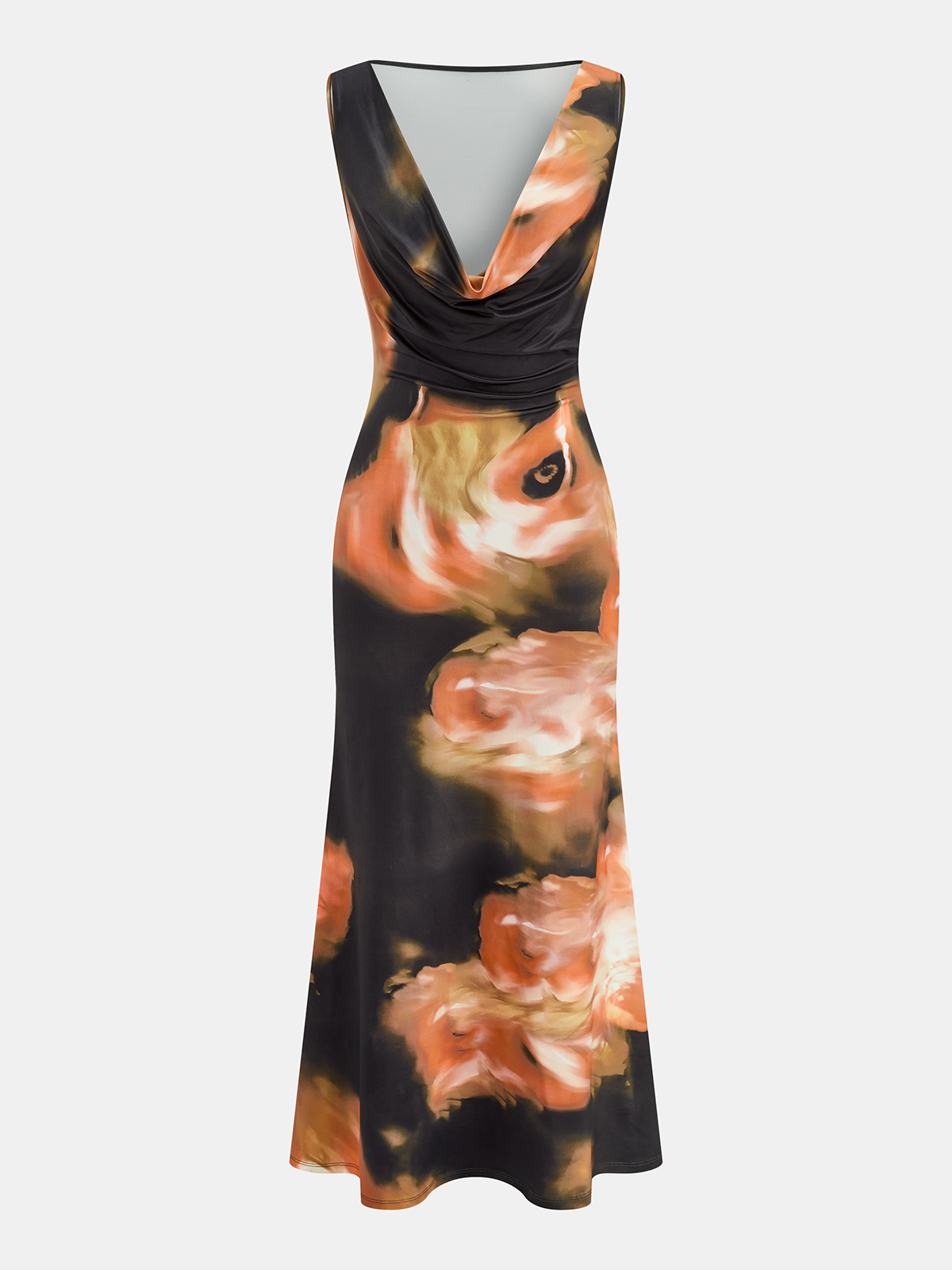Orange Floral Print Cowl Neck Maxi Dress