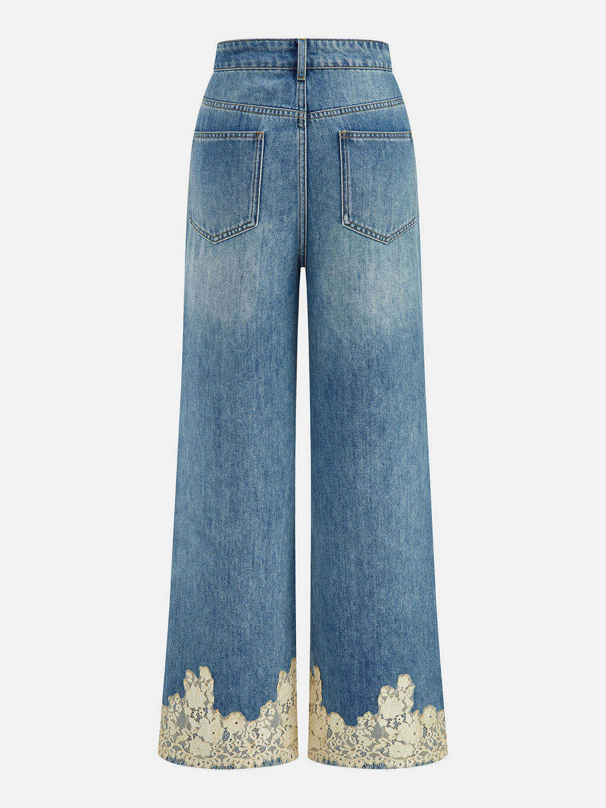 Lace Trim Mid-Waist Denim Pants