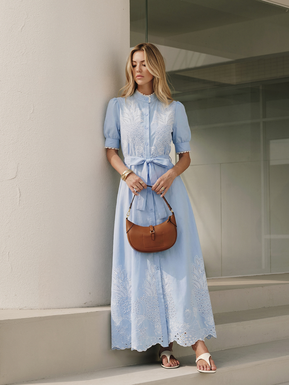 Eyelet Embroidery Buttoned Belted Midi Dress