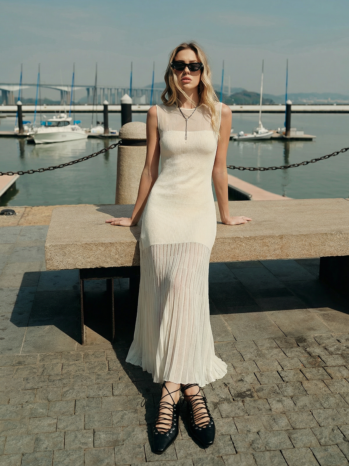 Ribbed Knit Sheer Pleated Maxi Dress