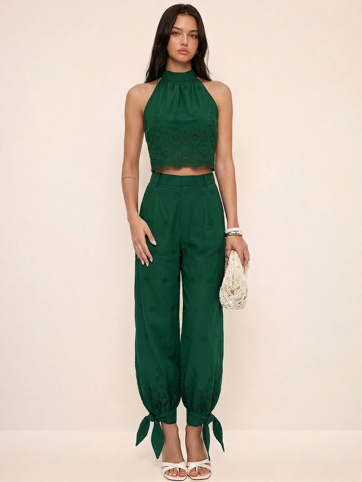Eyelet Embroidery Top & Tie-Cuff Pants Set