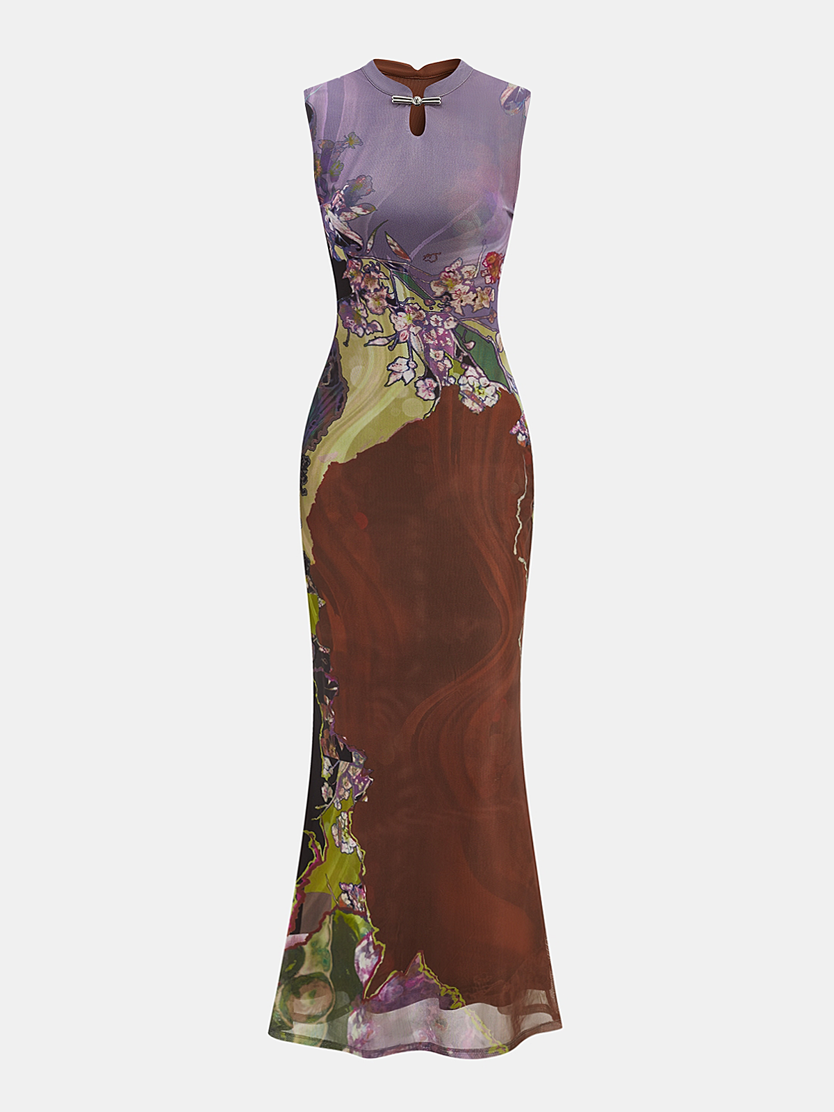 Sleeveless Floral Cheongsam Maxi Dress