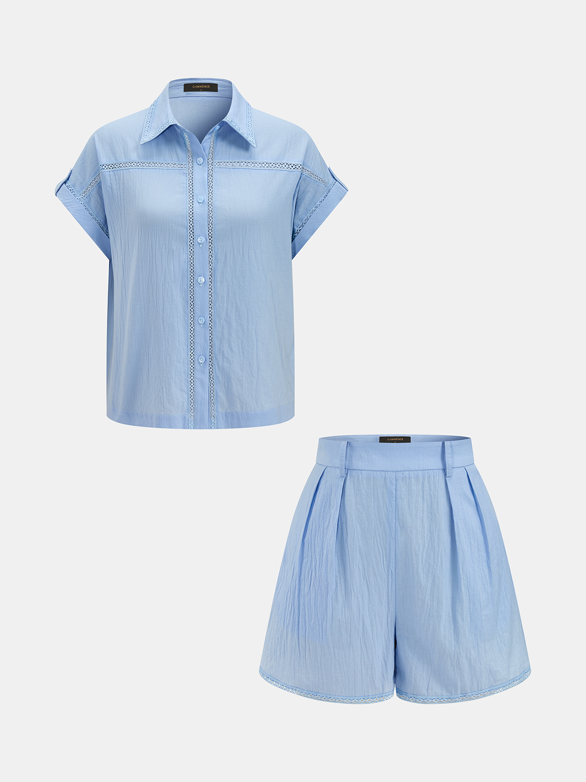 Cotton Hollow Trim Shirt & Pleated Shorts