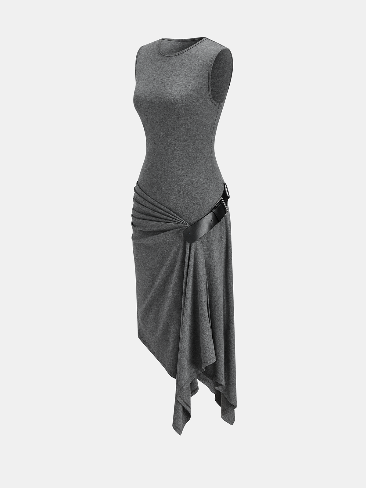 Sleeveless Ruched Belted Asymmetrical Dress