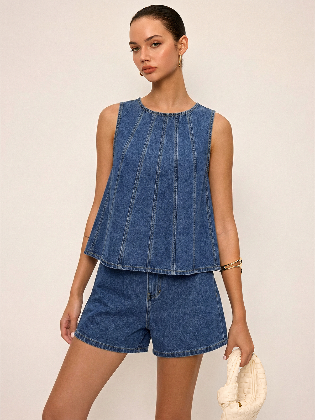 Tie-Back Denim Sleeveless Top & Shorts Set