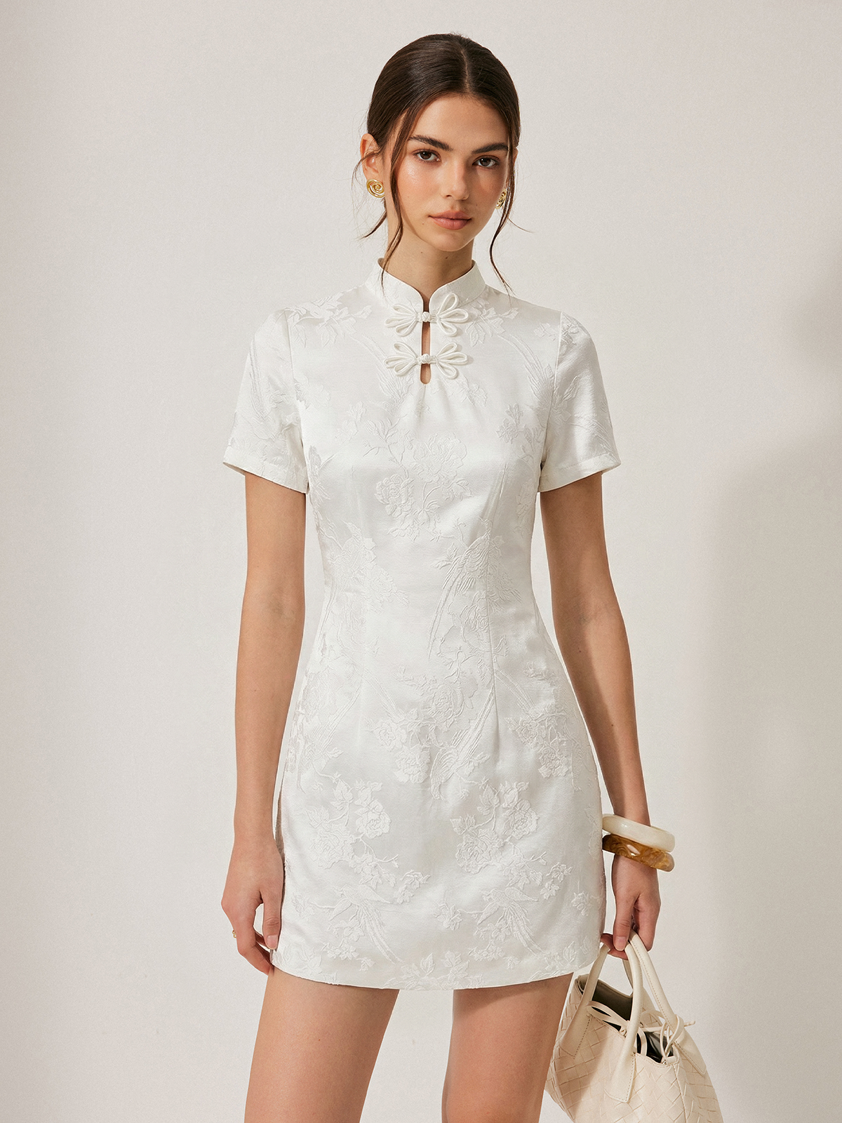 Floral Jacquard Cheongsam Mini Dress