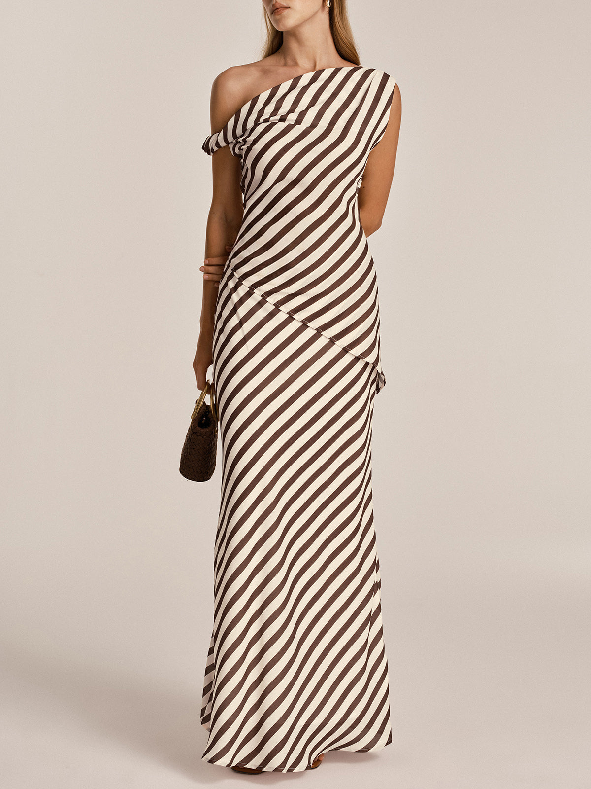 One Shoulder Striped Chiffon Maxi Dress