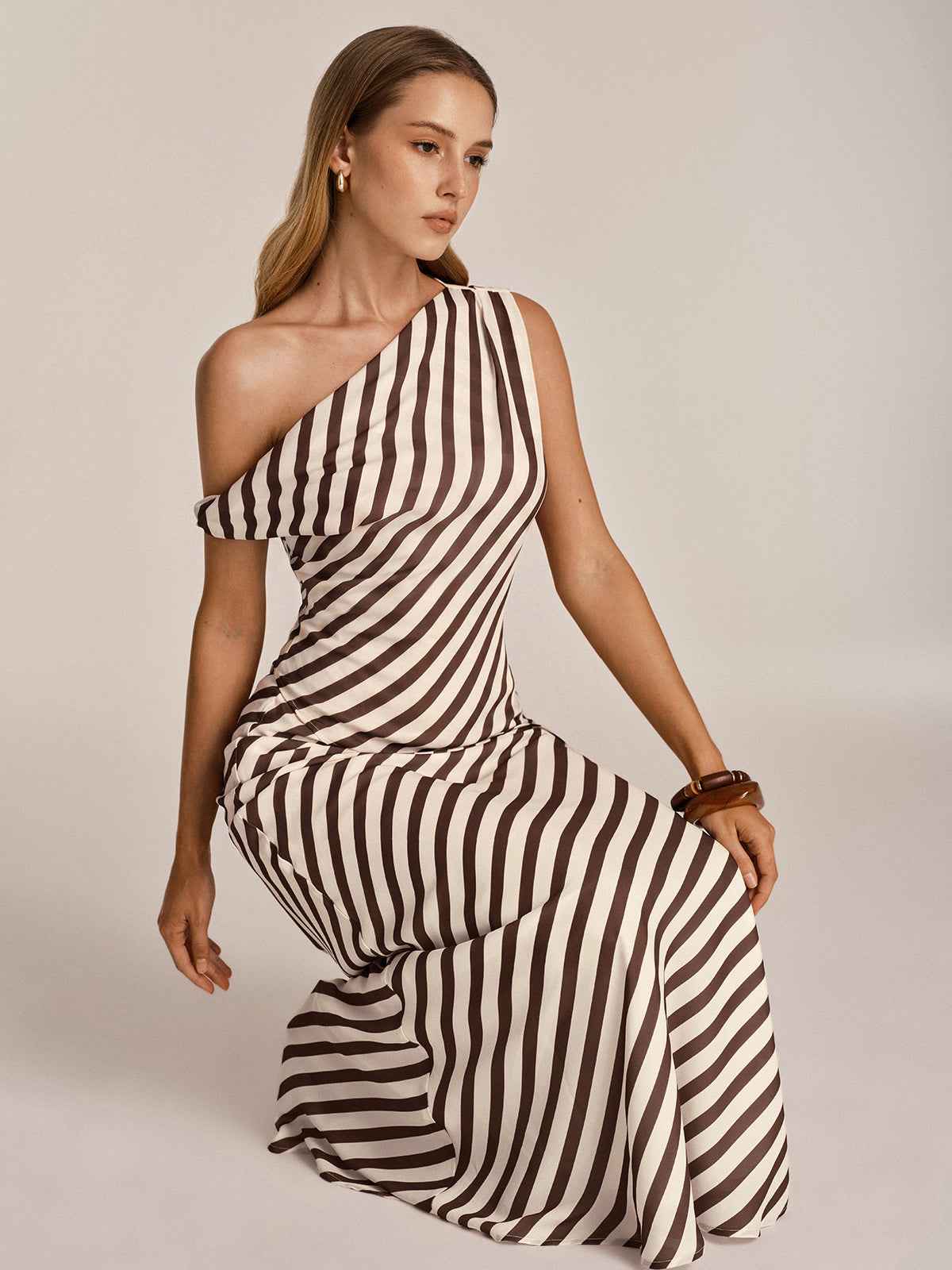 One Shoulder Striped Chiffon Maxi Dress