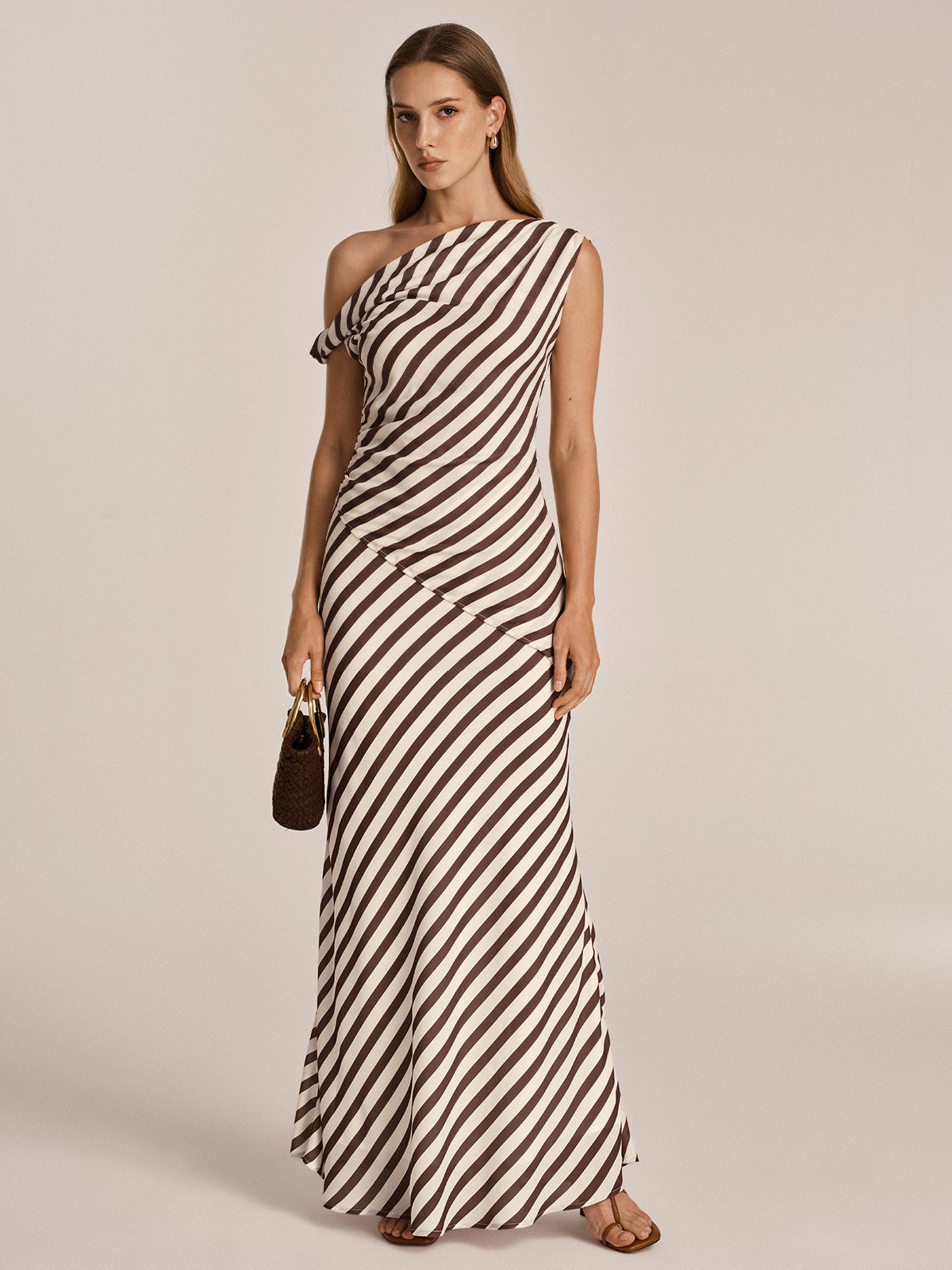 One Shoulder Striped Chiffon Maxi Dress