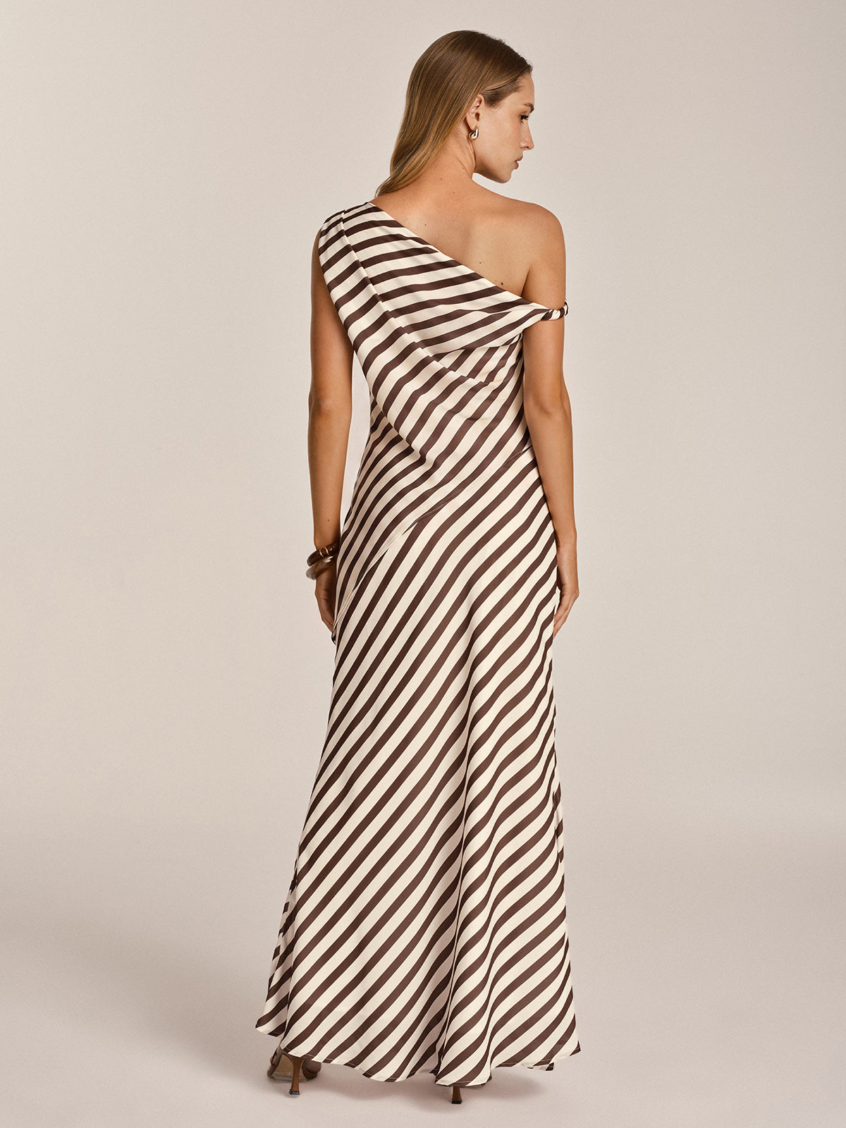 One Shoulder Striped Chiffon Maxi Dress