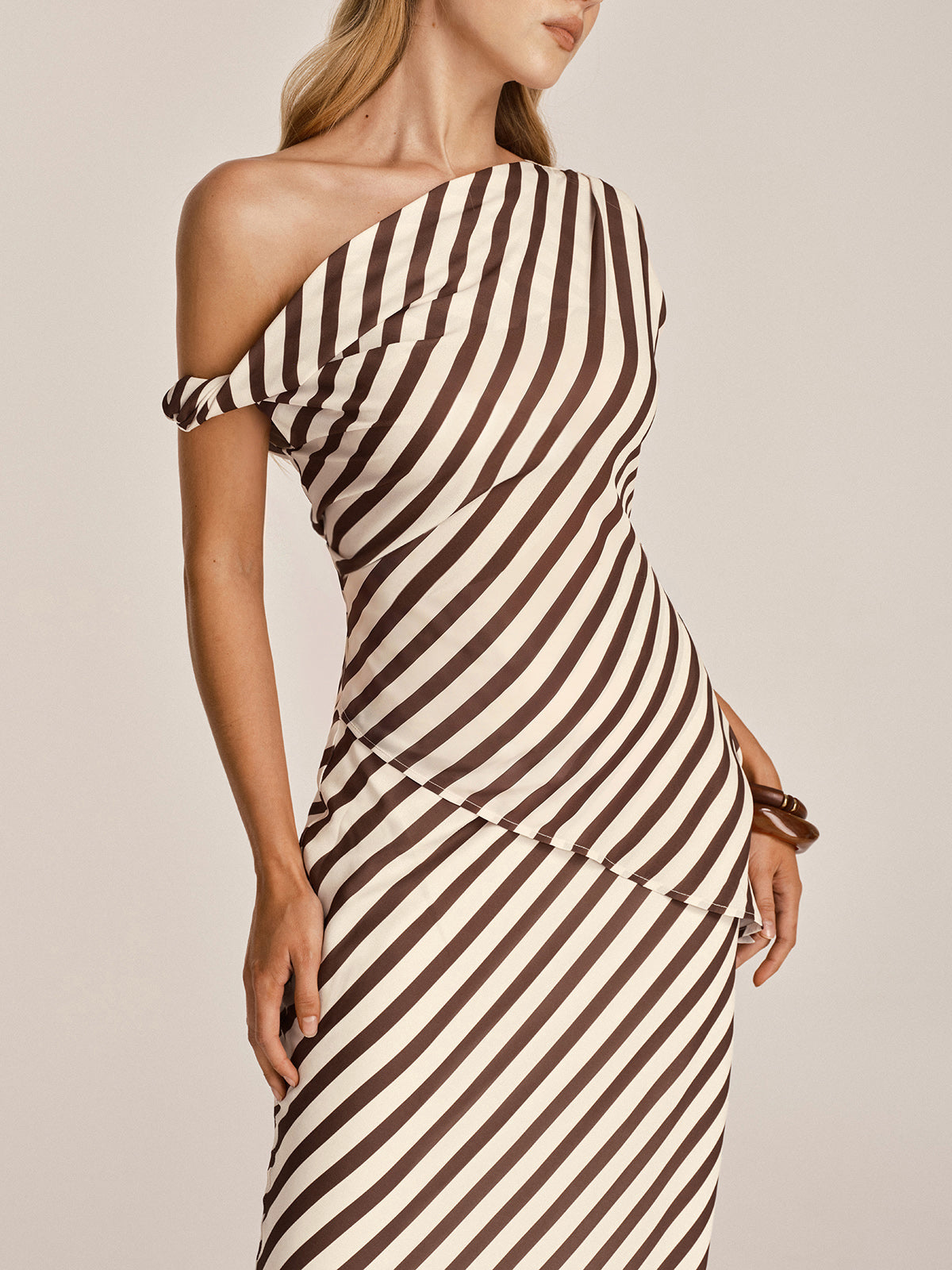 One Shoulder Striped Chiffon Maxi Dress