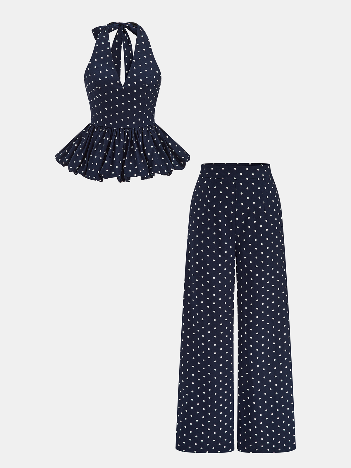 Ensemble top péplum et pantalon à pois en lin mélangé