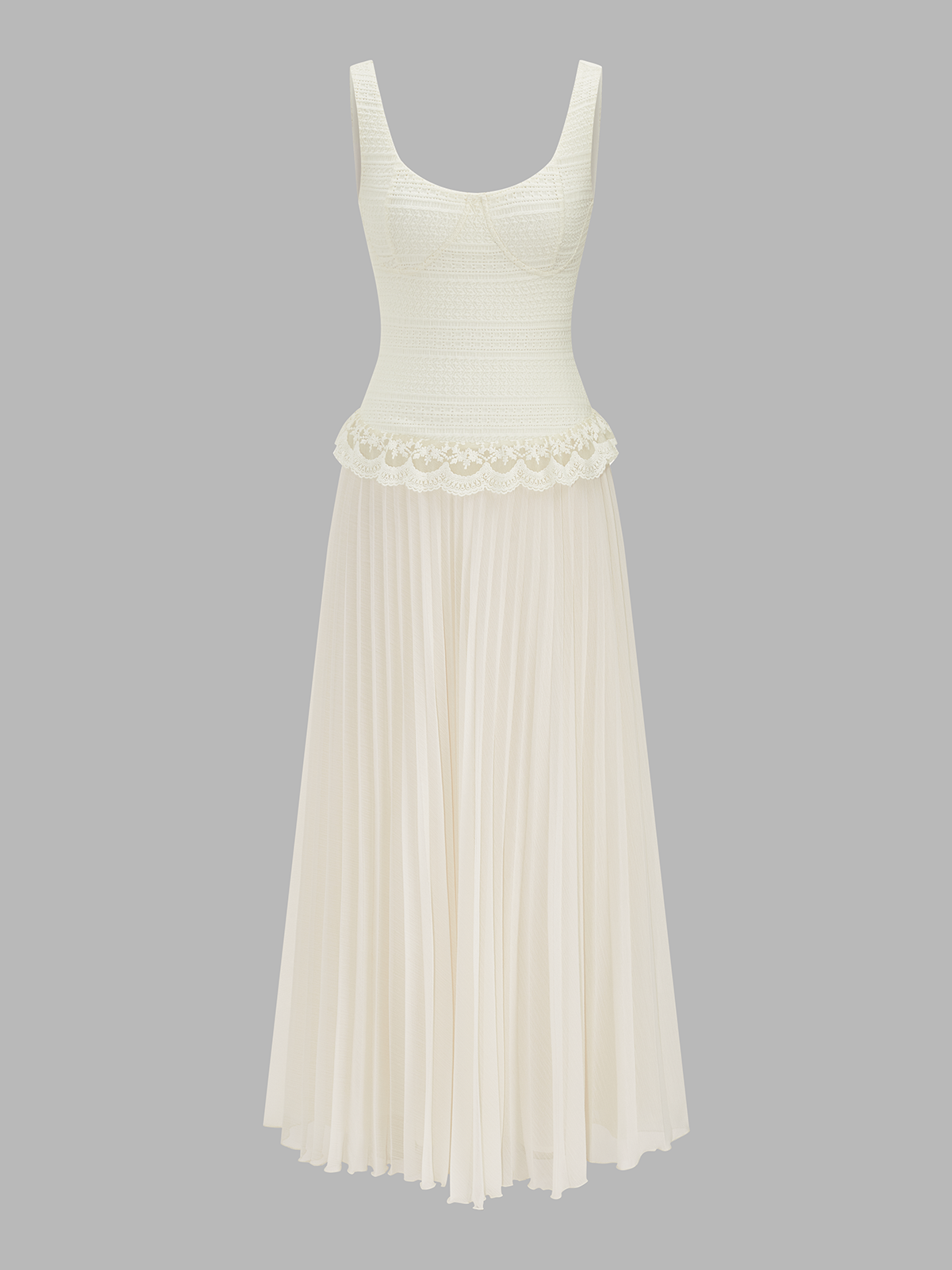 Lace Trim Textured Bodice Pleated Dress