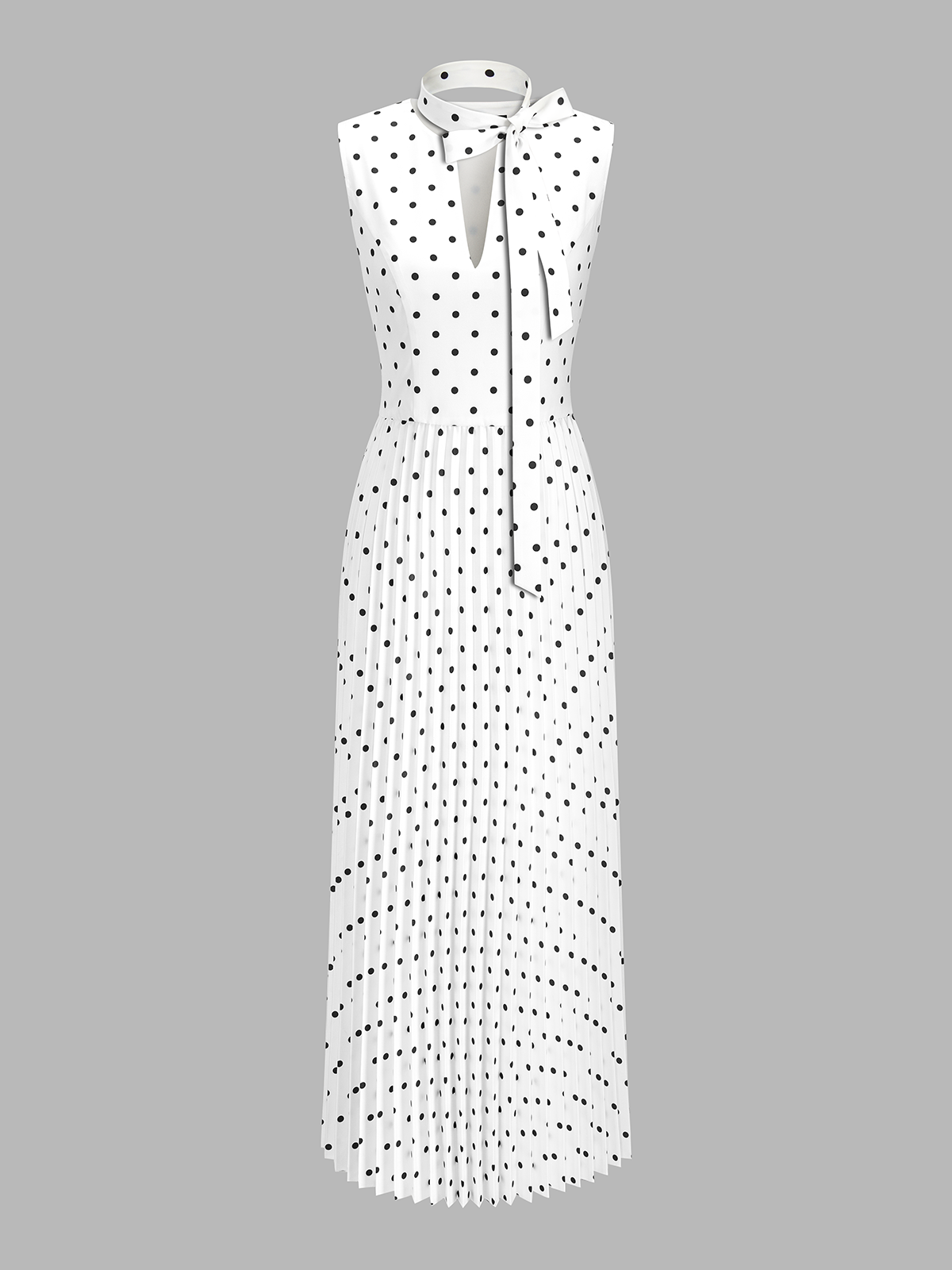 Polka Dot Sleeveless Pleated Dress with Neck Tie