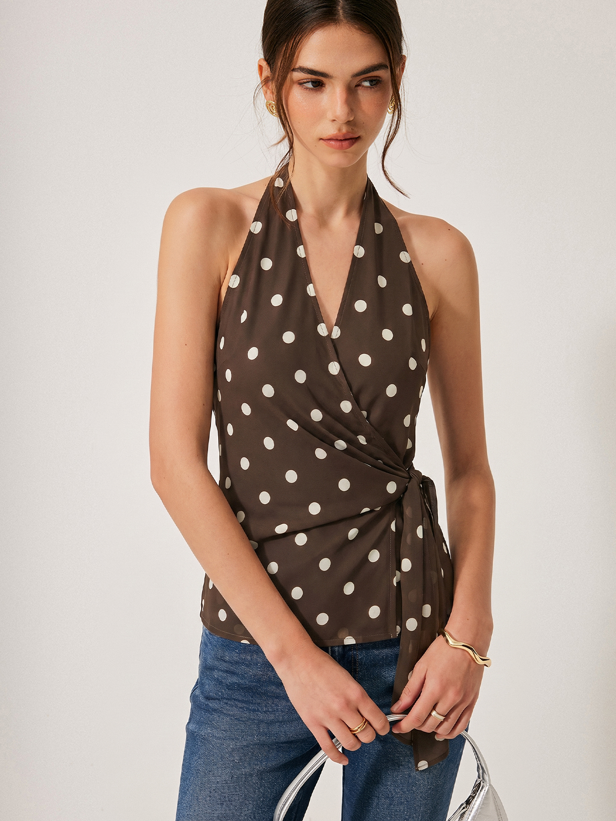 Polka Dot Tie Waist Halter Top