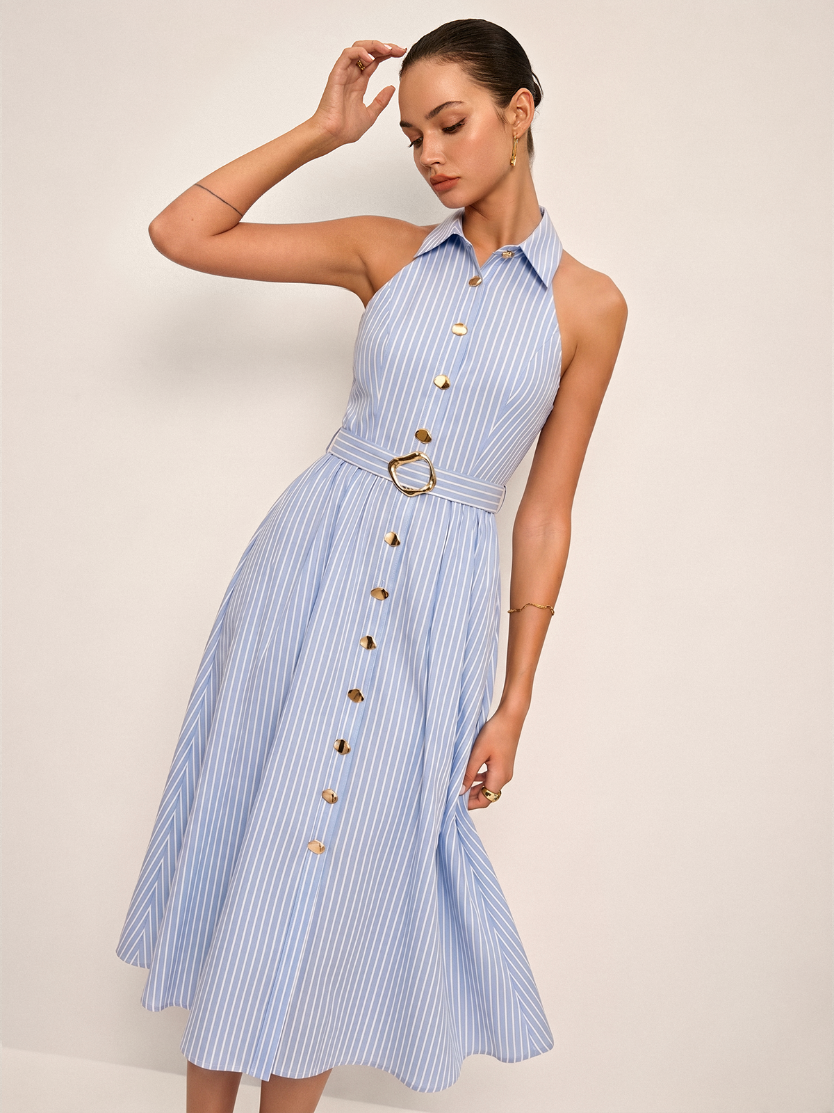 Belted Striped Sleeveless Shirt Dress