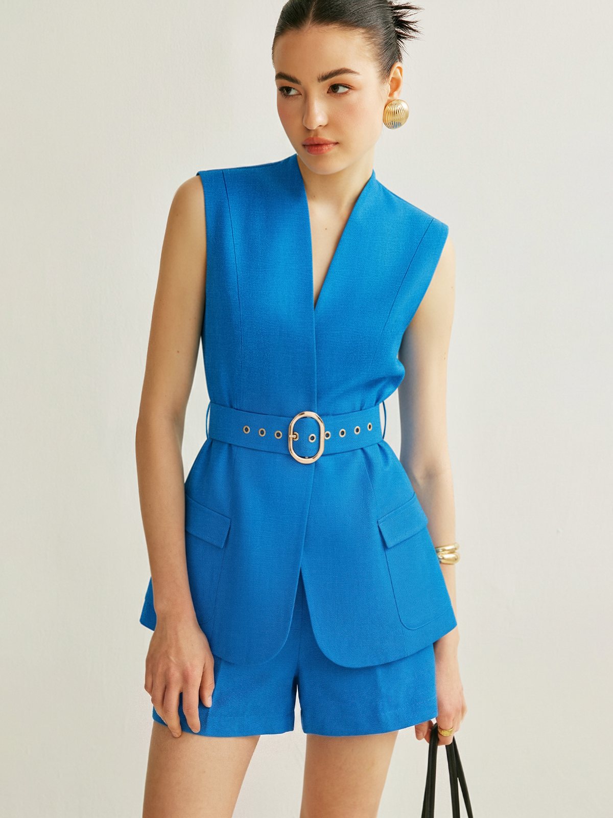 Sleeveless Blazer Vest & Pleated Shorts Set