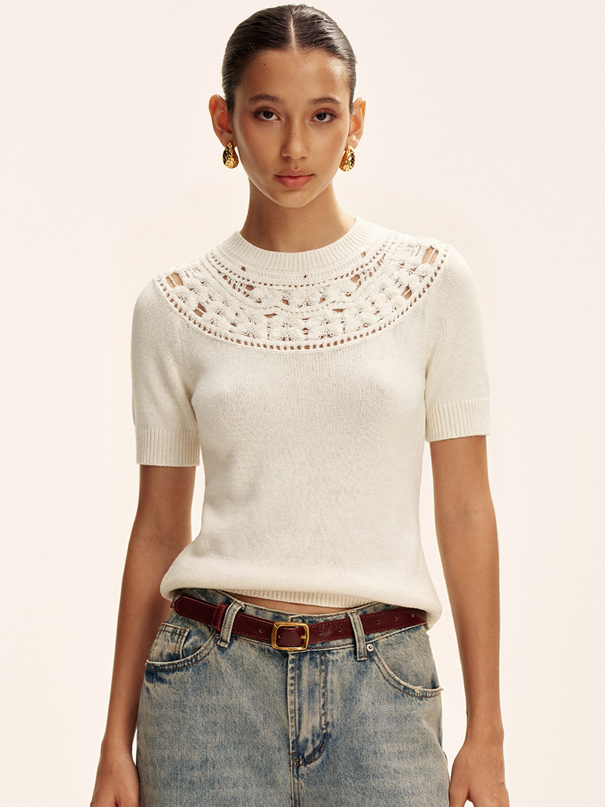 Hollow Out Crochet Short Sleeve Knit Top