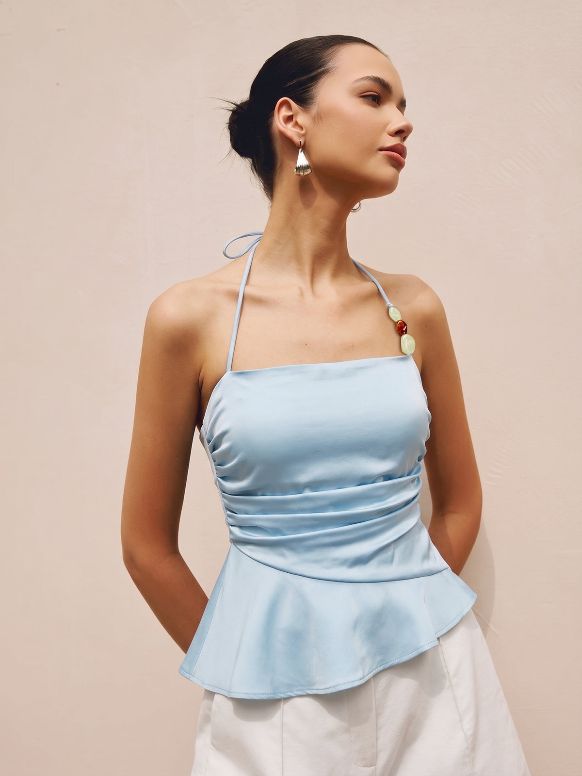 Bead Detail Tencel Ruched Halter Peplum Top