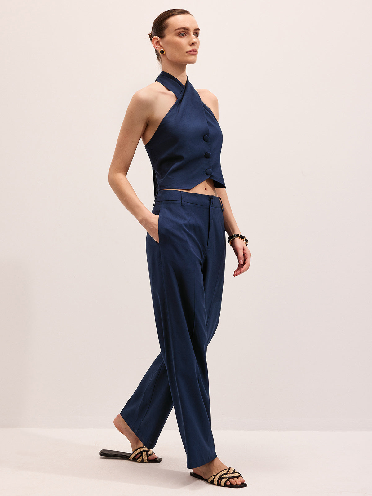 Linen Blend Halter Vest & Pants Set