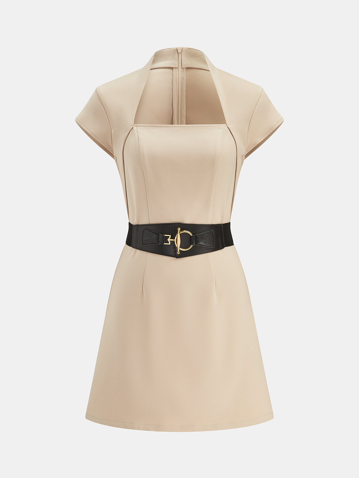 Square Neck Short Sleeve Belted Mini Dress