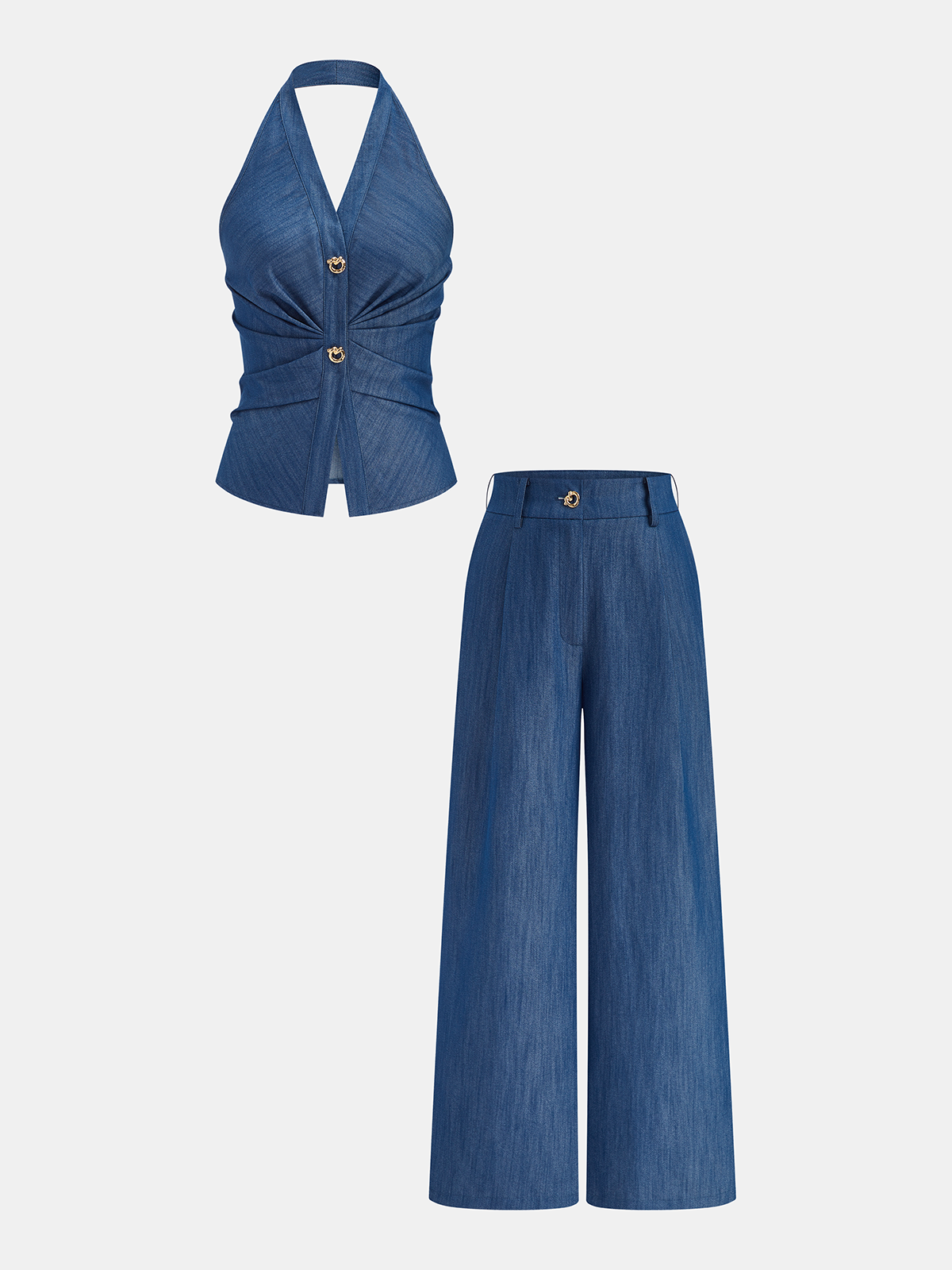 Faux Denim Halter Ruched Top & Pants Set